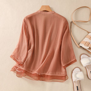 Áo sơ mi linen ngắn tay cổ V thêu tứ quý - NU9817