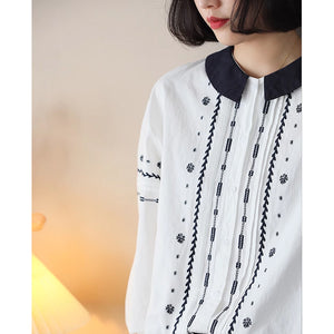 Áo sơ mi dài tay cổ tròn bẻ thêu hoa lá đối xứng - NU9074