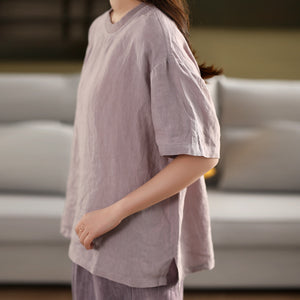 Áo T-shirt linen ngắn tay cổ tròn đơn sắc - A799