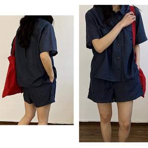 Bộ đồ linen gồm quần sooc và áo sơ mi ngắn tay cổ đức hai túi vuông - NU8741
