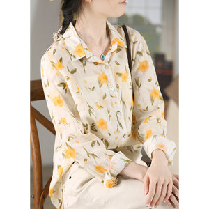 Áo sơ mi linen dài tay cổ đức in hoa lá - NU9626
