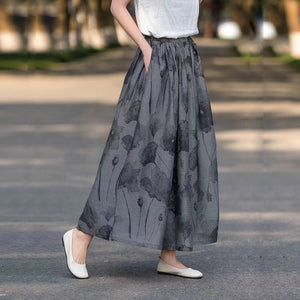 Chân váy linen lưng thun in hoa màu nước - NU9899