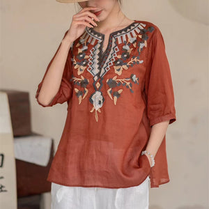 Áo sơ mi linen ngắn tay cổ tròn xẻ V thêu retro - NU10052