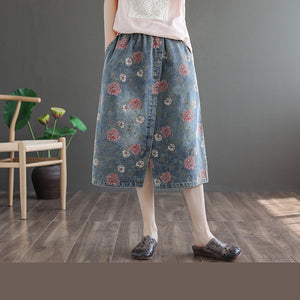 Chân váy denim retro lưng thun in hoa hồng - NU10042