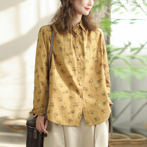 Áo sơ mi linen dài tay cổ đức in hoa lá li ti - NU9776