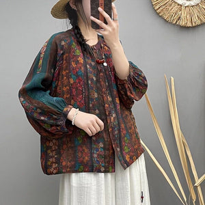 Áo sơ mi linen dài tay cổ đức hoa văn retro - NU10104
