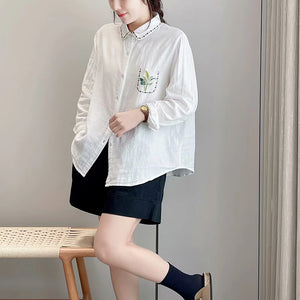 Áo sơ mi linen dài tay cổ pipi thêu hoa lá bo viền - NU9705