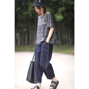 Áo T-shirt ngắn tay cổ tròn kẻ sọc hoa văn retro một túi nhỏ - NU8984