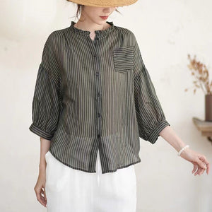 Áo sơ mi linen ngắn tay cổ đứng kẻ sọc - NU10079