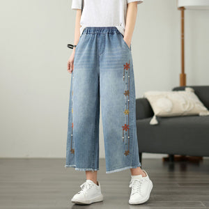 Quần baggy denim lửng lưng thun ống đứng thêu hoa mùa xuân - Q254