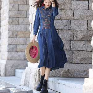 Đầm liền denim dài tay cổ cánh sen thêu hoa văn cân đối - NU9210