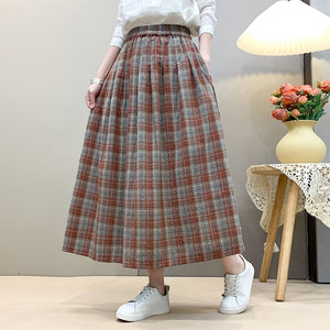 Chân váy linen lưng thun hai túi kẻ caro - V079