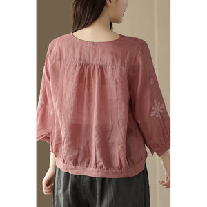 Áo sơ mi linen tay lửng cổ V thêu hoa văn retro - NU9770