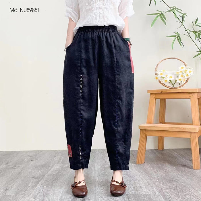 Quần baggy linen lưng thun kiểu chỉ nổi chắp vá - NU8985