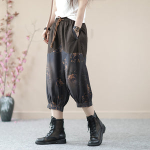 Quần baggy lửng denim lưng thun dây rút in hoa văn - NU8674