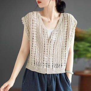 Áo T-shirt dệt kim retro sát nách cổ V - NU9055
