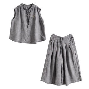Bộ đồ linen gồm áo sơ mi sát nách một túi và quần baggy ống rộng lưng cao kẻ caro - NU9056