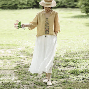 Áo sơ mi linen ngắn tay cổ V thêu hoa văn retro tua rua - NU9920