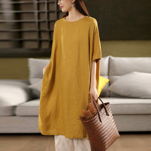 Đầm liền linen ngắn tay cổ tròn khuy vai - D078