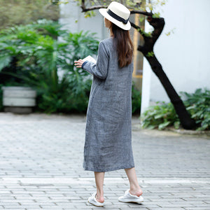 Đầm liền linen dài tay cổ tròn khuy cài kẻ caro - NU9506