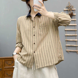 Áo sơ mi linen dài tay cổ đức kẻ sọc một túi - A683