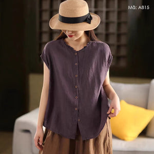 Áo sơ mi linen sát nách cổ tròn xếp ly - A812