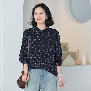 Áo sơ mi dài tay cổ pipi in hoa liti vạt mullet - NU9743