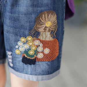 Quần sooc denim lưng thun thêu cô gái bên giỏ hoa - NU9881