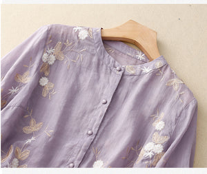 Áo sơ mi linen Organza ngắn tay cổ đứng thêu hoa lá - NU10138