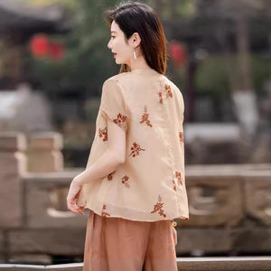 Áo sơ mi linen ngắn tay cổ đứng thêu hoa lá xoắc ốc - NU9991