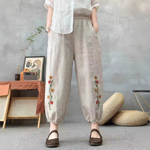 Quần baggy linen lửng lưng thun ống bo thêu hai nhành hoa - Q145