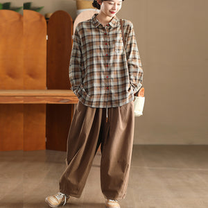 Áo sơ mi linen dài tay cổ đức kẻ caro một túi bo tròn - A699