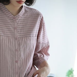 Áo sơ mi linen ngắn tay cổ đứng vạt mullet kẻ sọc - NU10321