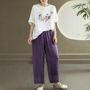 Áo T-shirt ngắn tay cổ tròn thêu hoa lá - NU10370