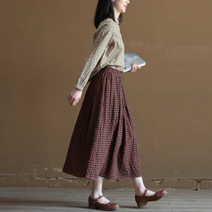 Chân váy linen retro lưng thun kẻ sọc caro - NU10021