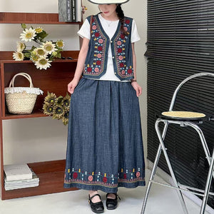 Áo khoác gile denim cổ tròn thêu hoa hoa văn thổ cẩm - A960