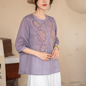 Áo sơ mi linen ngắn tay cổ tròn thêu retro hai khuy - NU10062