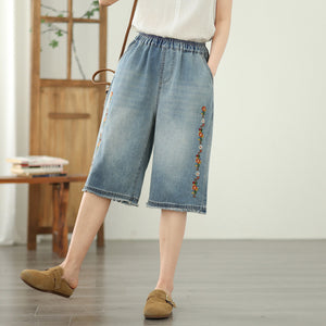 Quần sooc denim lưng thun thêu hoa đối xứng - Q195