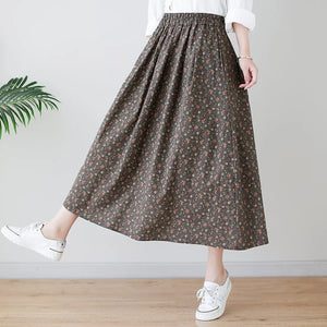 Chân váy linen retro lưng thun túi chéo in hoa liti - V012