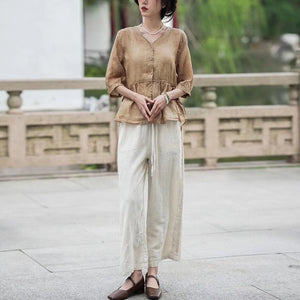 Áo sơ mi linen ngắn tay cổ V eo thắt dây in hoa lá đồng màu - NU9918