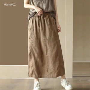 Chân váy linen retro hai túi đính khuy lưng thun - NU9000