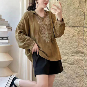 Áo hoodies sơ mi linen dài tay thêu hoa văn retro đối xứng - NU9740