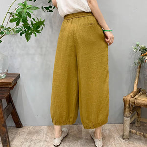 Quần baggy linen lửng lưng thun dây rút gấu xếp ly - NU9972