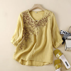 Áo sơ mi linen ngắn cổ V thêu những ngôi sao - NU9807