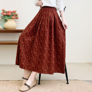 Chân váy retro lưng thun xếp ly in hoa liti - V011