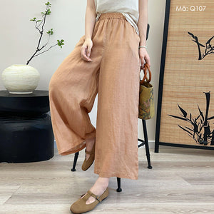 Quần baggy linen lưng thun ống rộng một màu - Q104
