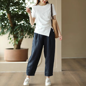 Quần baggy linen lưng thun hai túi chéo khuy cài - NU9065