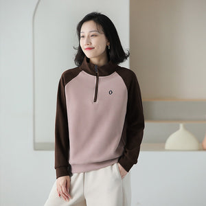 Áo T-shirt nỉ dài tay lệch mạu cổ đứng khóa kéo - NU9474