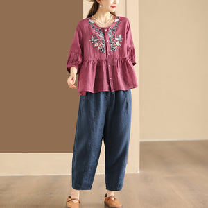 Áo sơ mi linen ngắn tay cổ tròn thêu hoa bướm - A731