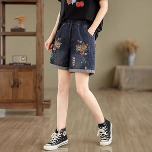Quần sooc denim lưng thun cạp cao thêu hoa lá - Q198